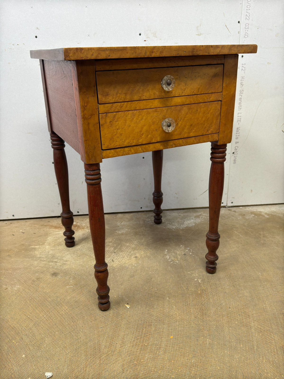 antique Birdseye maple & cherry red wash 2 drawer table stand Country Farm