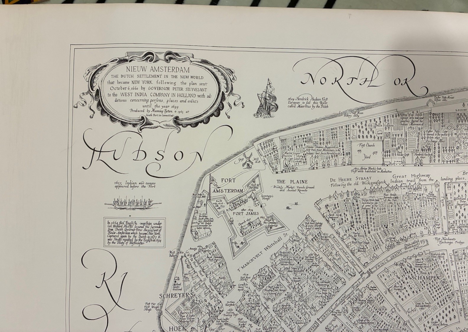 MANHATTAN 1660 Map Lithograph – Manning Exton 1965 ‘Nieuw Amsterdam’ (23×35 in)