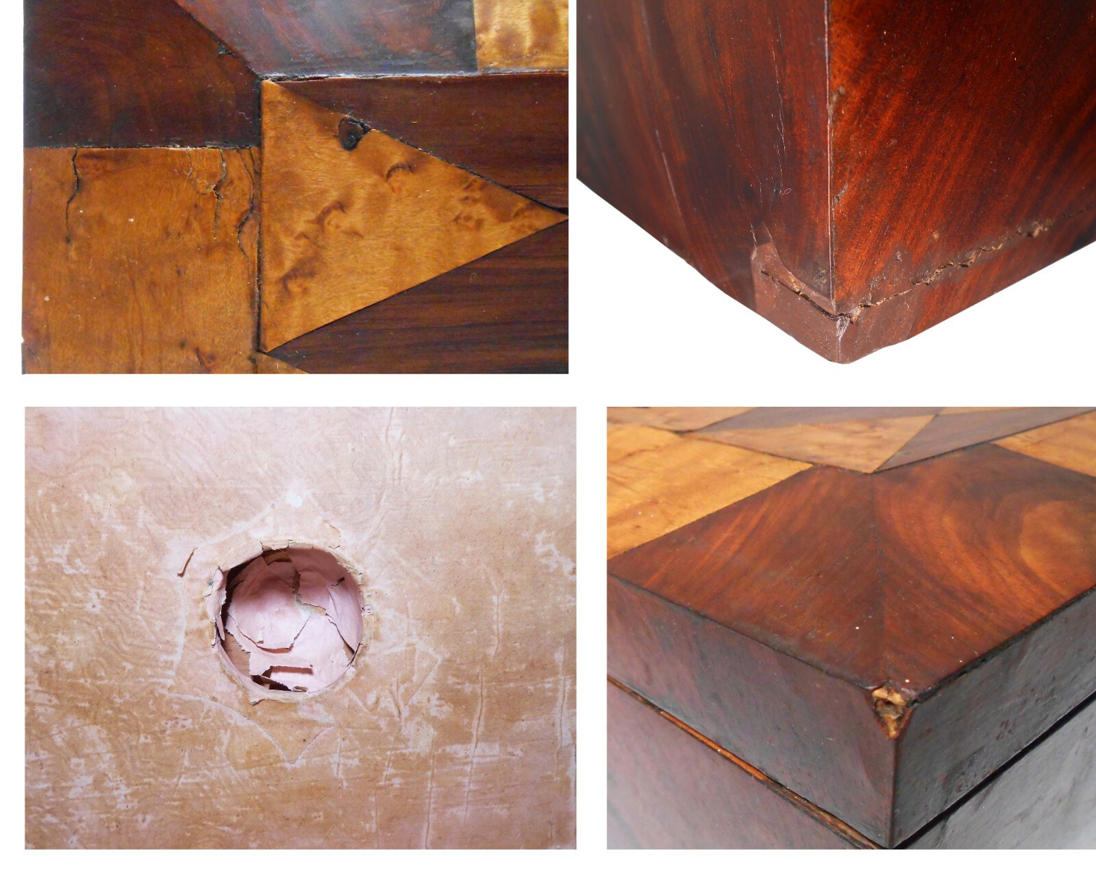 RARE SHAKER 19TH C ANTIQUE FIG’D MAPLE & MAHOGHANY INLAID DIAMOND WD SEWING BOX