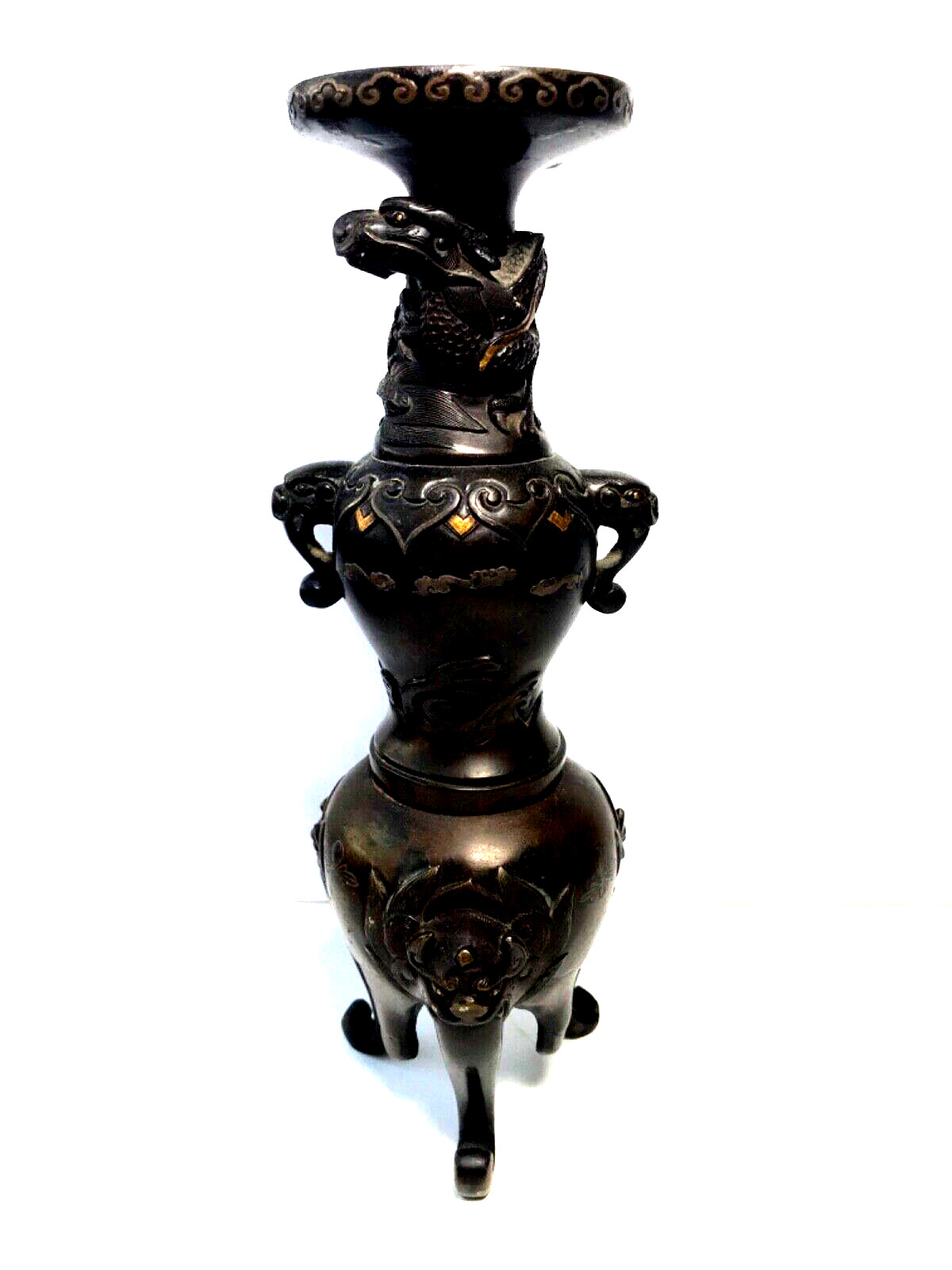 Japanese Meiji Bronze Figural Candlestick Inlaid Silver Wire 1870 As Is