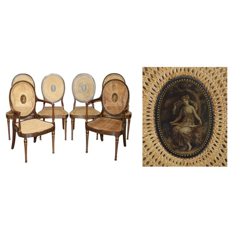 SIX ANTIQUE GEORGE HEPPLEWHITE BERGERE SHERATON REVIVAL PAINTED DINING CHAIRS