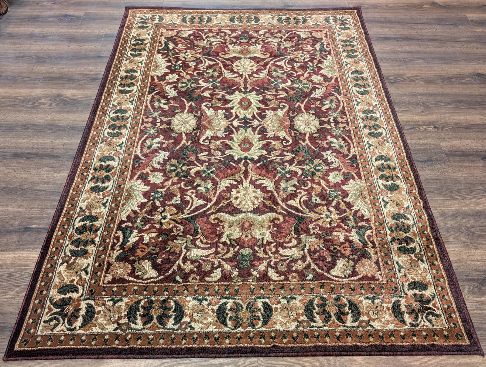 Turkish Rug 5×7, Oriental Power Loomed Carpet, Burgundy Green Beige, Traditional