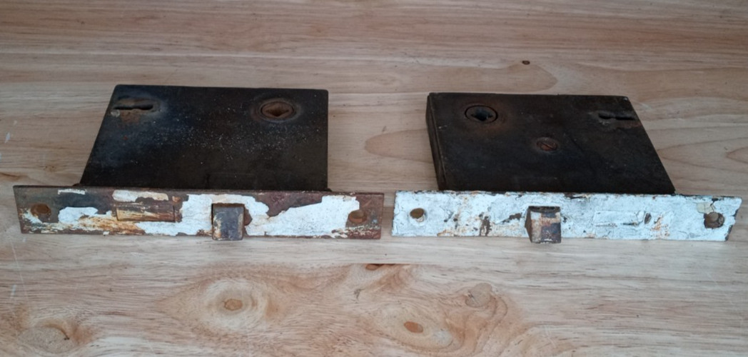 Pair Antique Mortise Door Locks Skeleton Keyhole Salvage Estate Find
