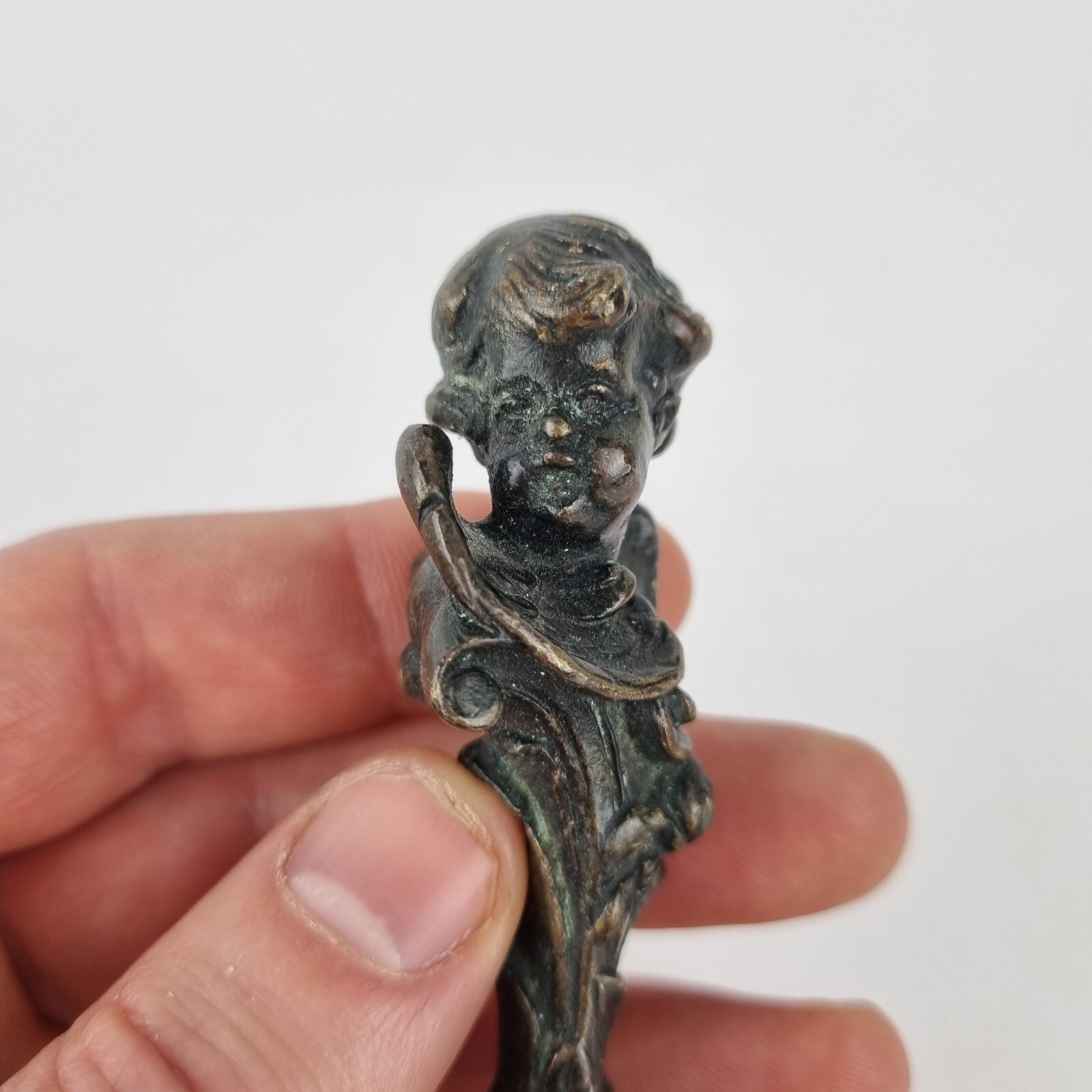Antique 19th Century Bronze Desk Seal Form Of A Cherub 9.5cm Long