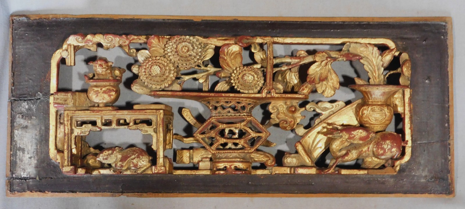 Antique Chinese Carved Gilt Wood Panel Qing Scholar Objects Rabbit Relief c1900
