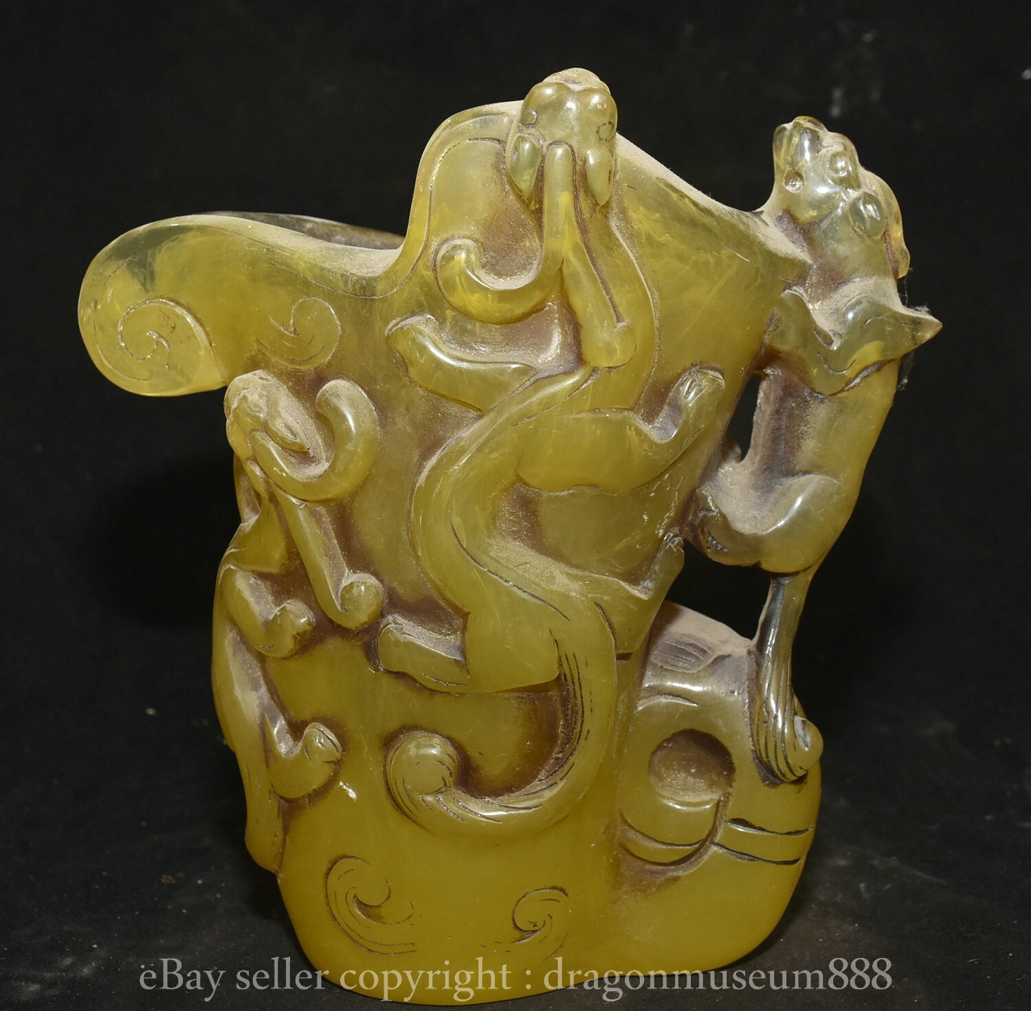 10.4″ Rare Chinese Natural Amber Carving Fengshui Dragon beast Wine vessel Cup