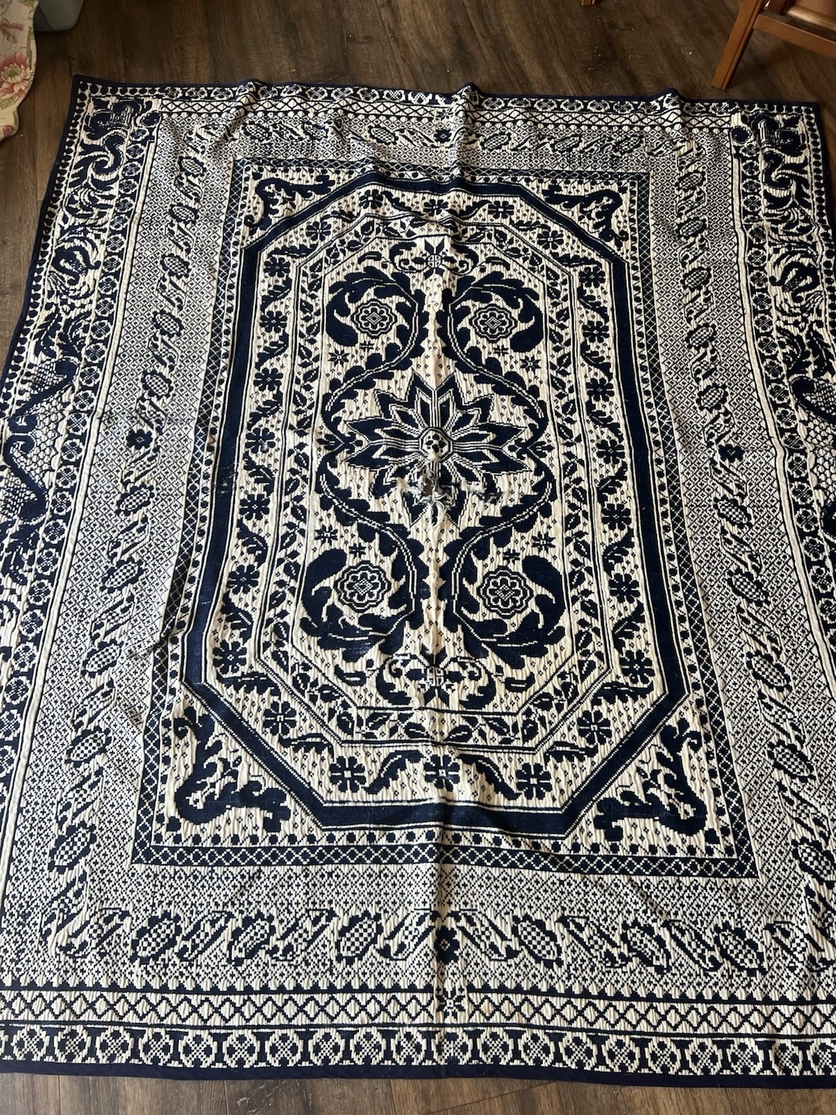 Antique Jacquard Coverlet Dark Blue & Off White 1800s 76×62” Beautiful See Descr