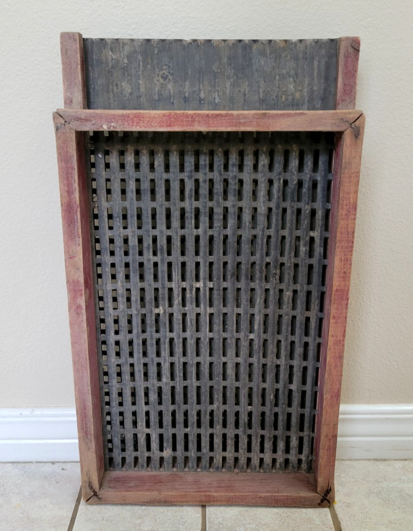 ANTIQUE ORIGINAL PRIMTIVE WOOD & TIN FARM CORN SEED SORTER WITH OLD RED PAINT