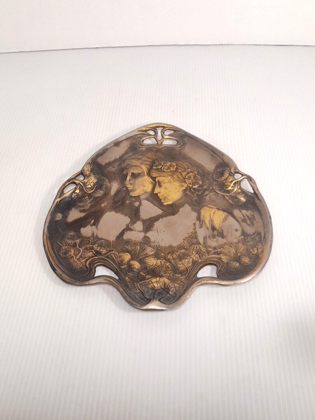 Antique Art Nouveau Jugendstil Brass Silverplate Card Vanity Tray 8.25″ X 9″