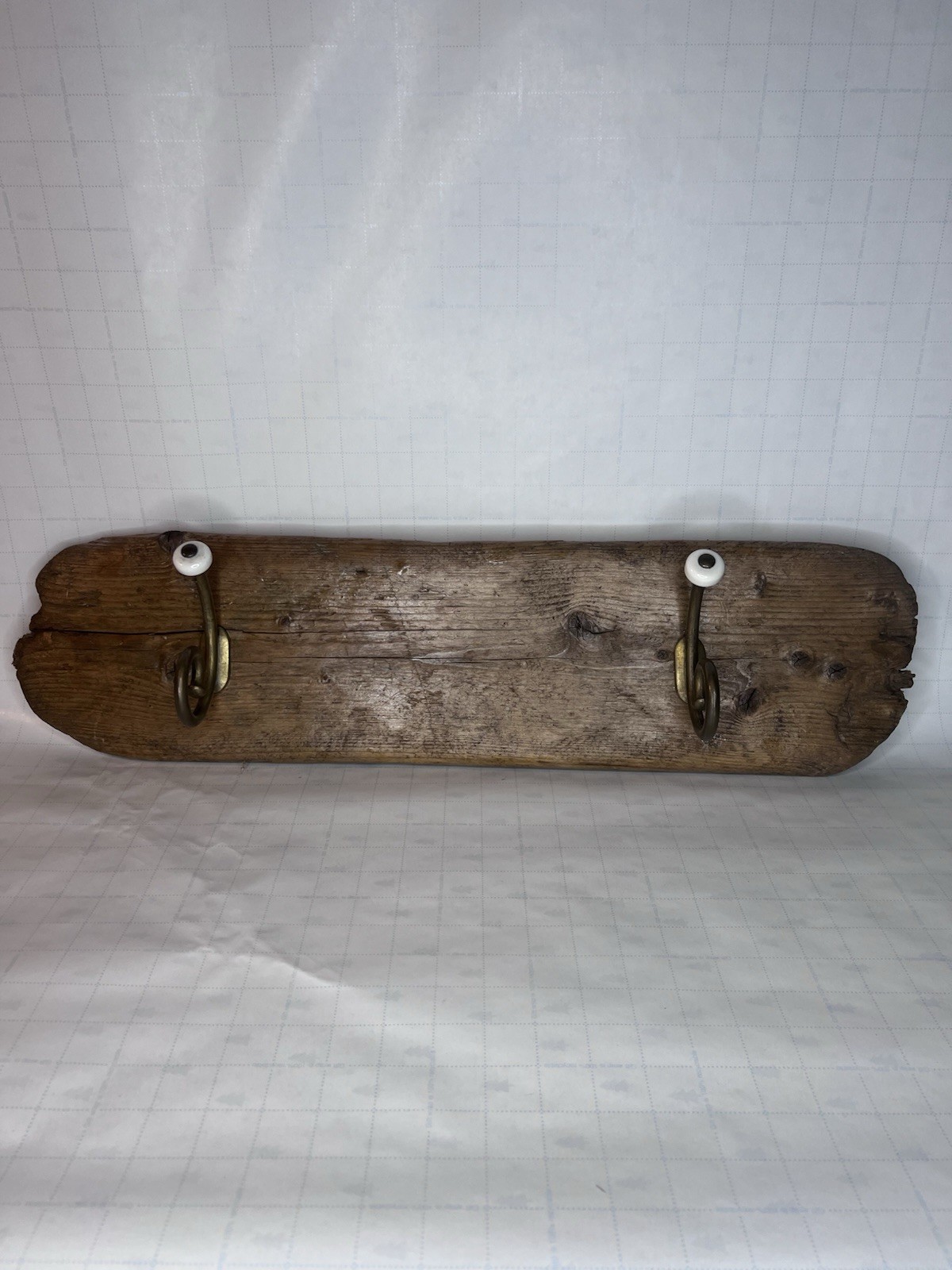 Vintage Wooden Driftwood Coat Rack White Porcelain Hangers Hooks Old Wood