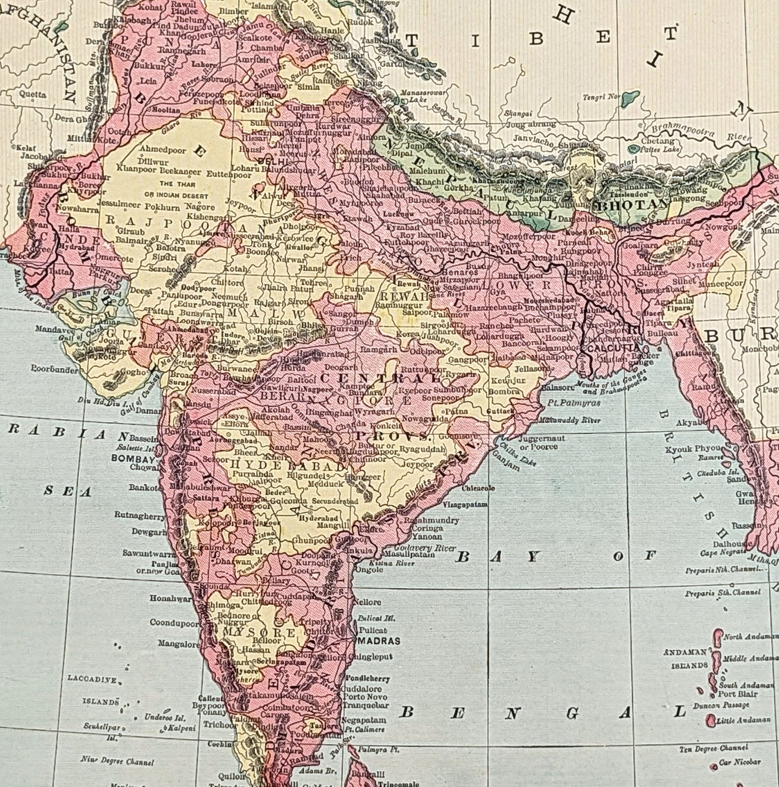 1894 INDIA – BHUTAN – PUNJAB – BURMA Map Sri Lanka Delhi Goa ORIGINAL 11.5X9