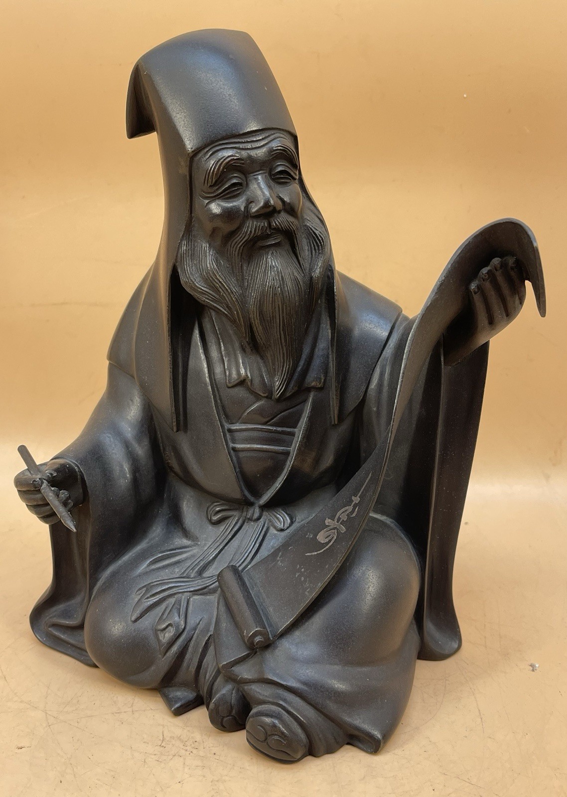 Japanese Meiji Bronze Okimono – Calligraphy Artist Signed Tatsuku