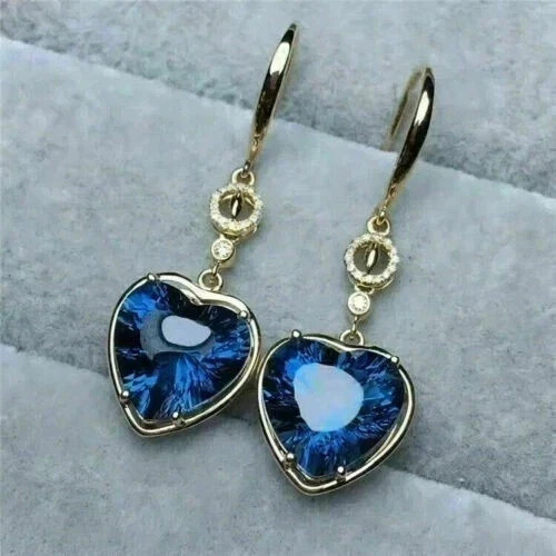 3Ct Heart Cut Lab Created Sapphire Drop Dangle Earring 14K Yellow Gold Plated