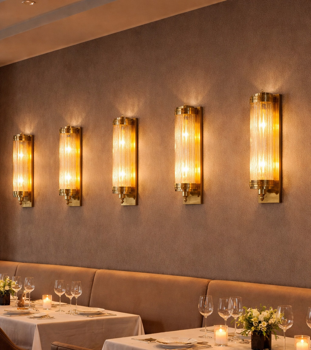 Set of 5 Vintage Art Deco Brass & Ribbed Glass Rod Wall Sconce Light Fixture