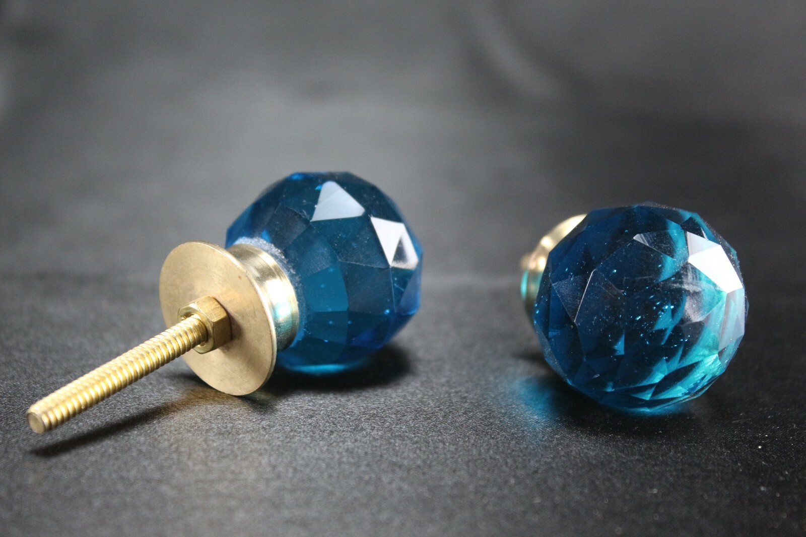 Sky Blue Diamond Cut Glass Door Knobs | Brass Base, Vintage Set of 2, Home Decor