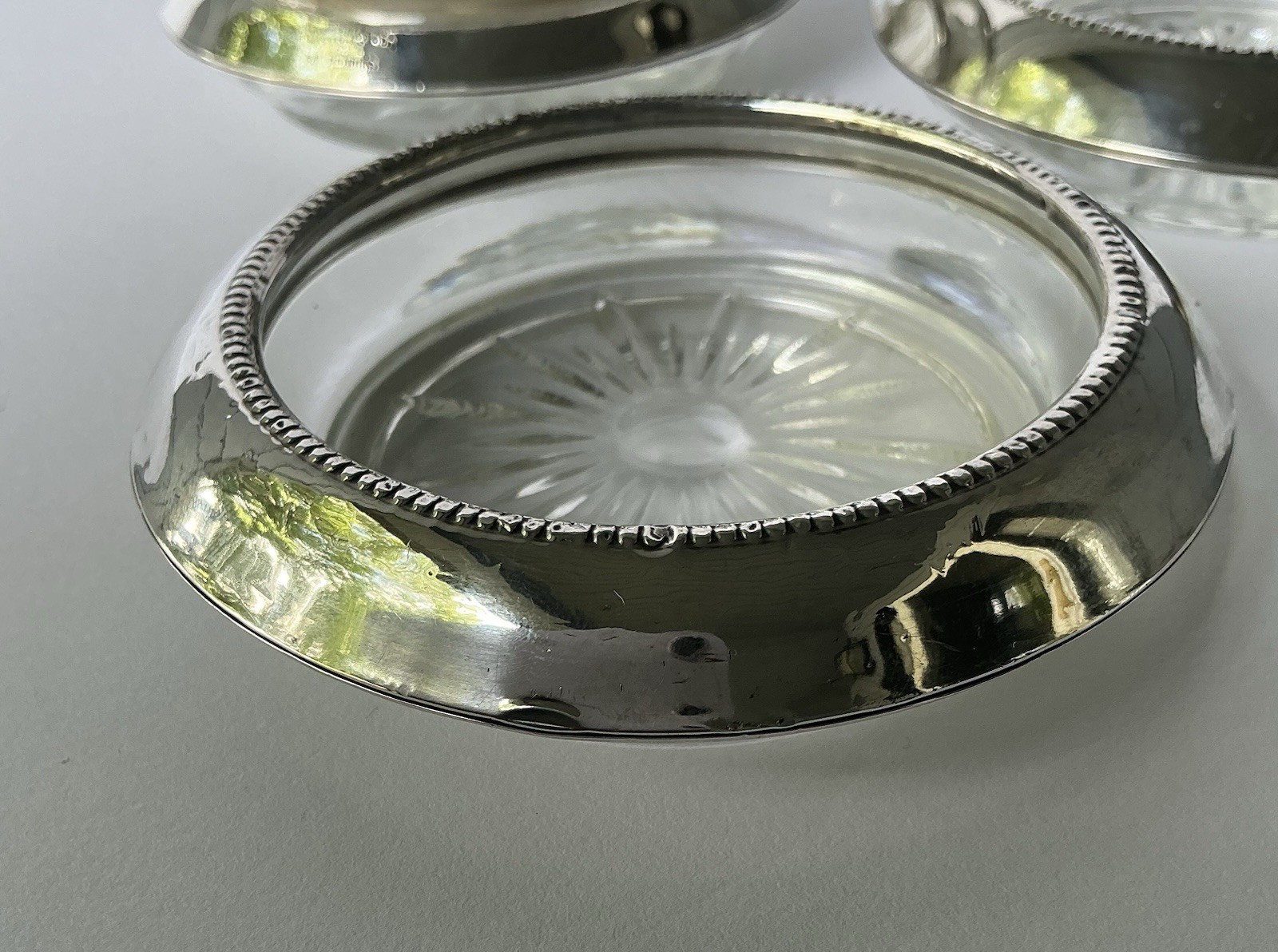 Frank M Whiting Sterling Silver Glass Coasters Set of 5 Beaded Vtg Pat Pend 04