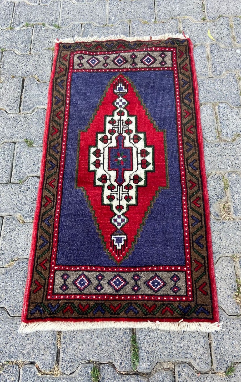 Vintage Turkish Small Rug, 1.8×3.4 ft Red and Blue Carpet, Handmade Kitchen Rug