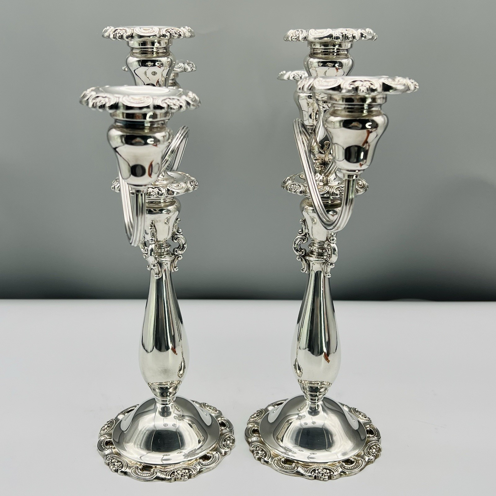 Set 2 BAROQUE 3-light Candelabra WALLACE SILVERPLATE 13″ 14″ CONVERTIBLE 5-lb Pr