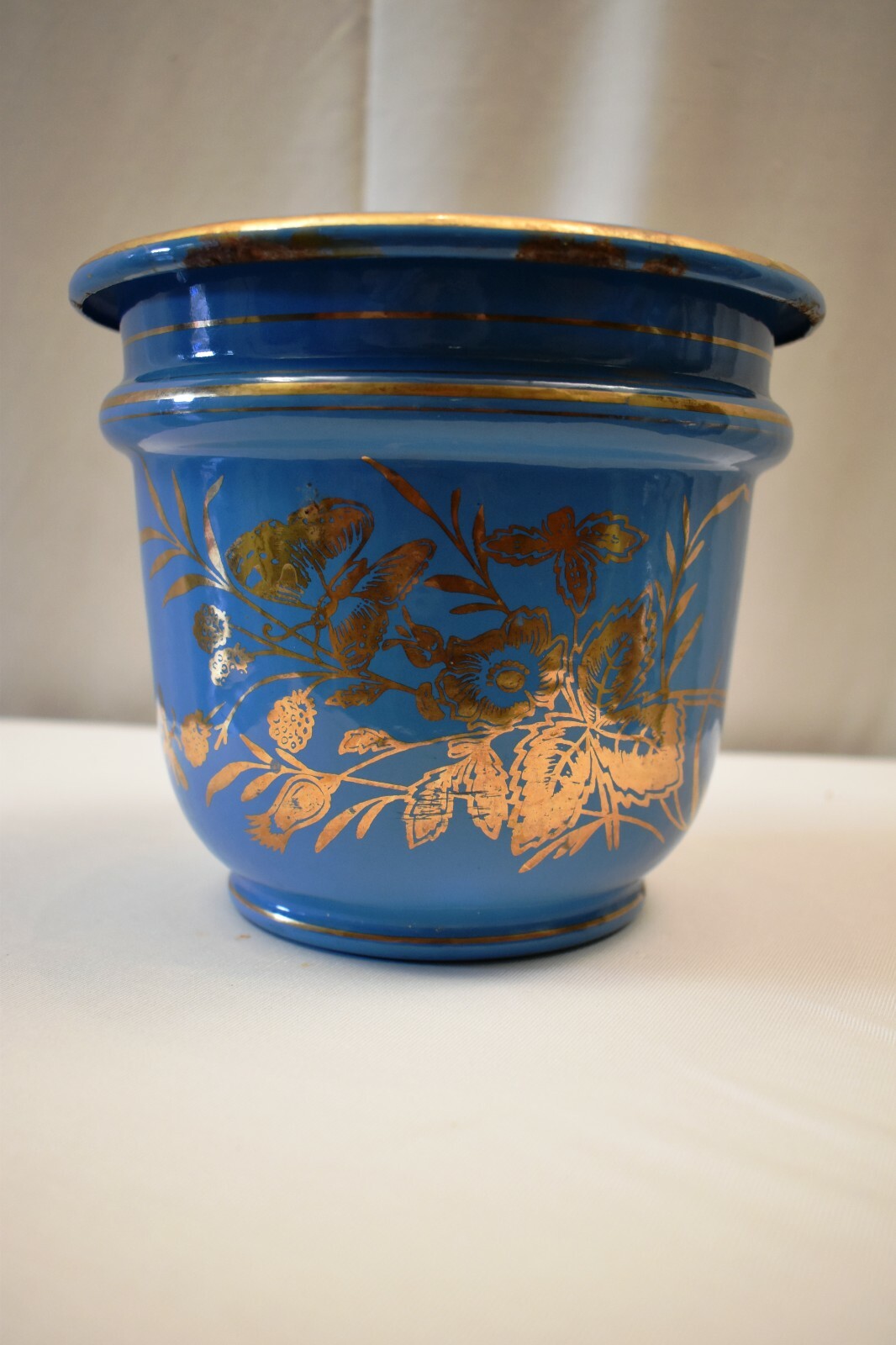 Vintage Czech Enamel Planter Sky Blue Gilt Floral Art Deco Metal Vase Decor “R4