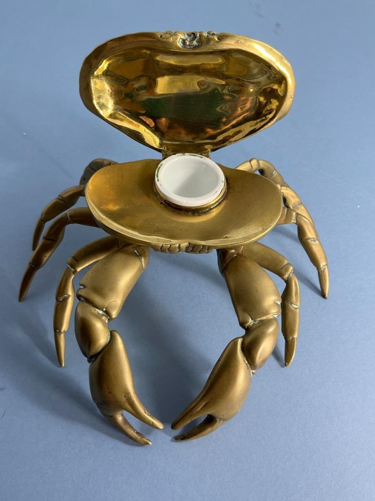 SCARCE UNUSUAL ANTIQUE VICTORIAN BRASS NATURALISTIC CRAB INKWELL & LINER