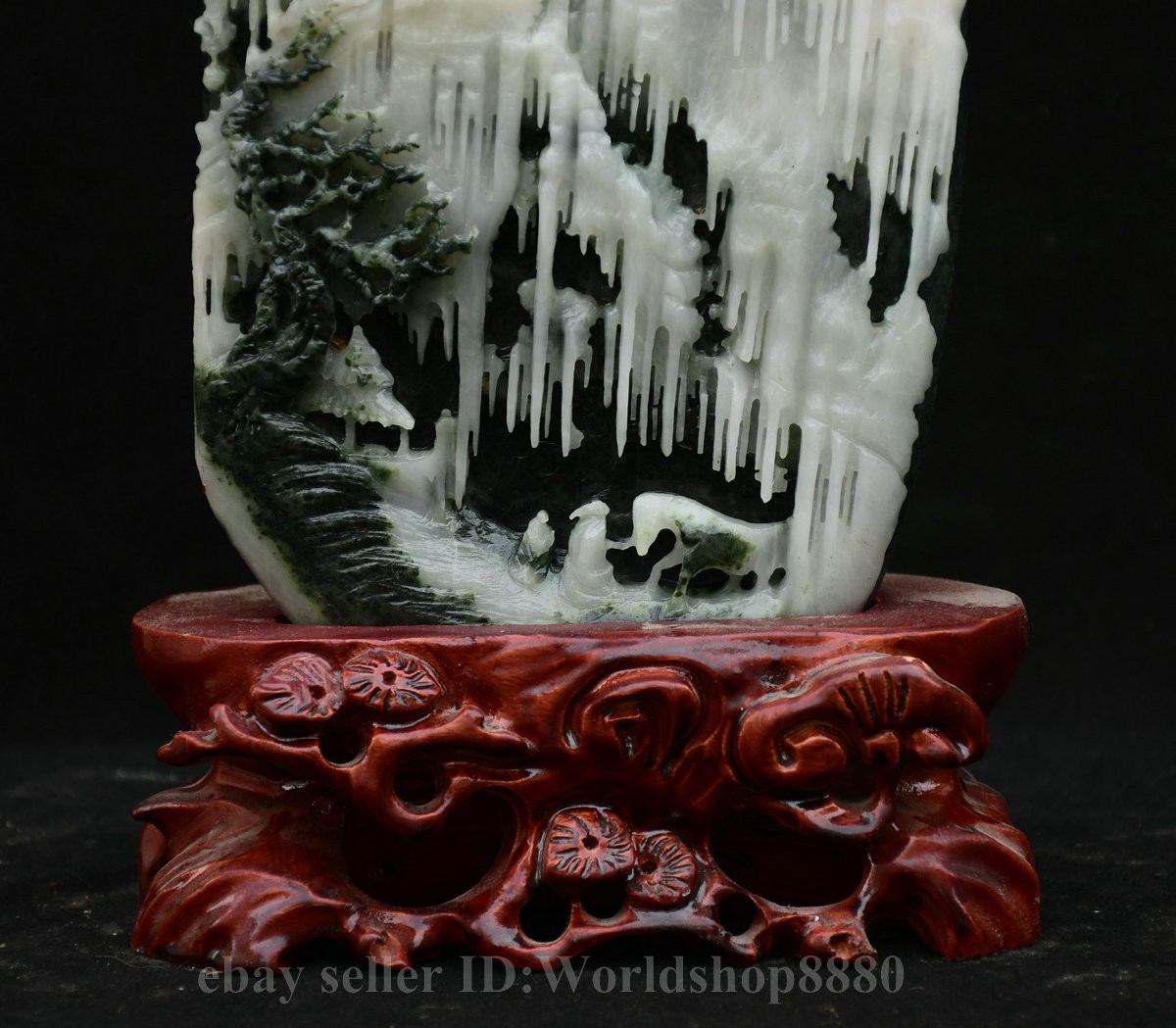 12.2″ Old Chinese Natural Dushan Jade Carved White Mountain House Tree Statue
