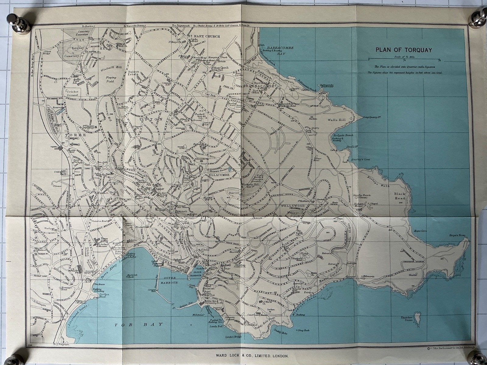 TORQUAY – 1963 Vintage Street Map Plan Devon Hotels Railway St. Mary’s Church