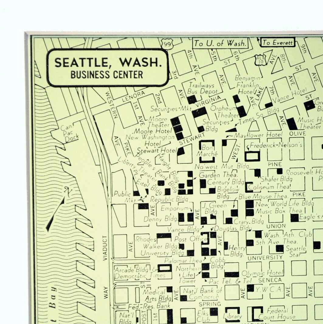 Vintage SEATTLE Map City Street Downtown Road Wall Art Original Washington 1950s