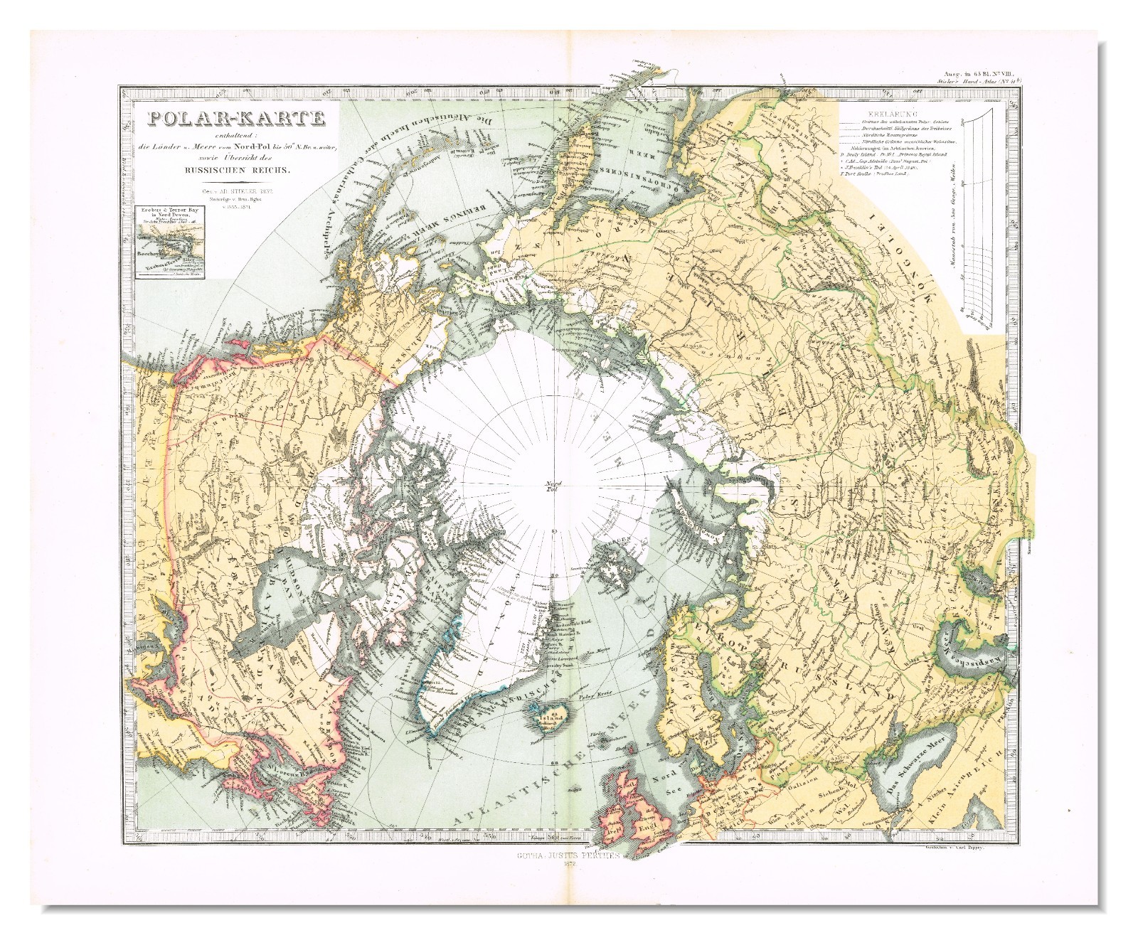 NORTH POLE ARCTIC Large ANTIQUE 1872 dated ! Original Map RUSSIA CANADA USA