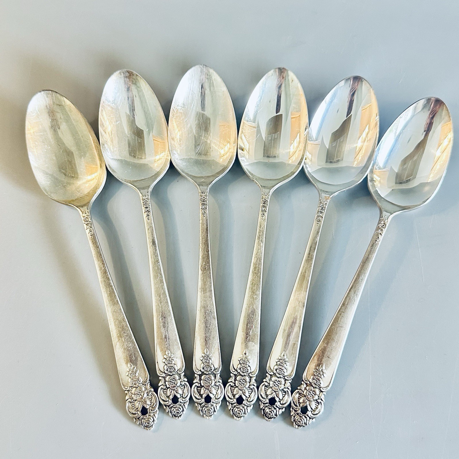 Oneida Distinction Prestige Grenoble Rose Silverplate Soup Spoons Set 6 Lot