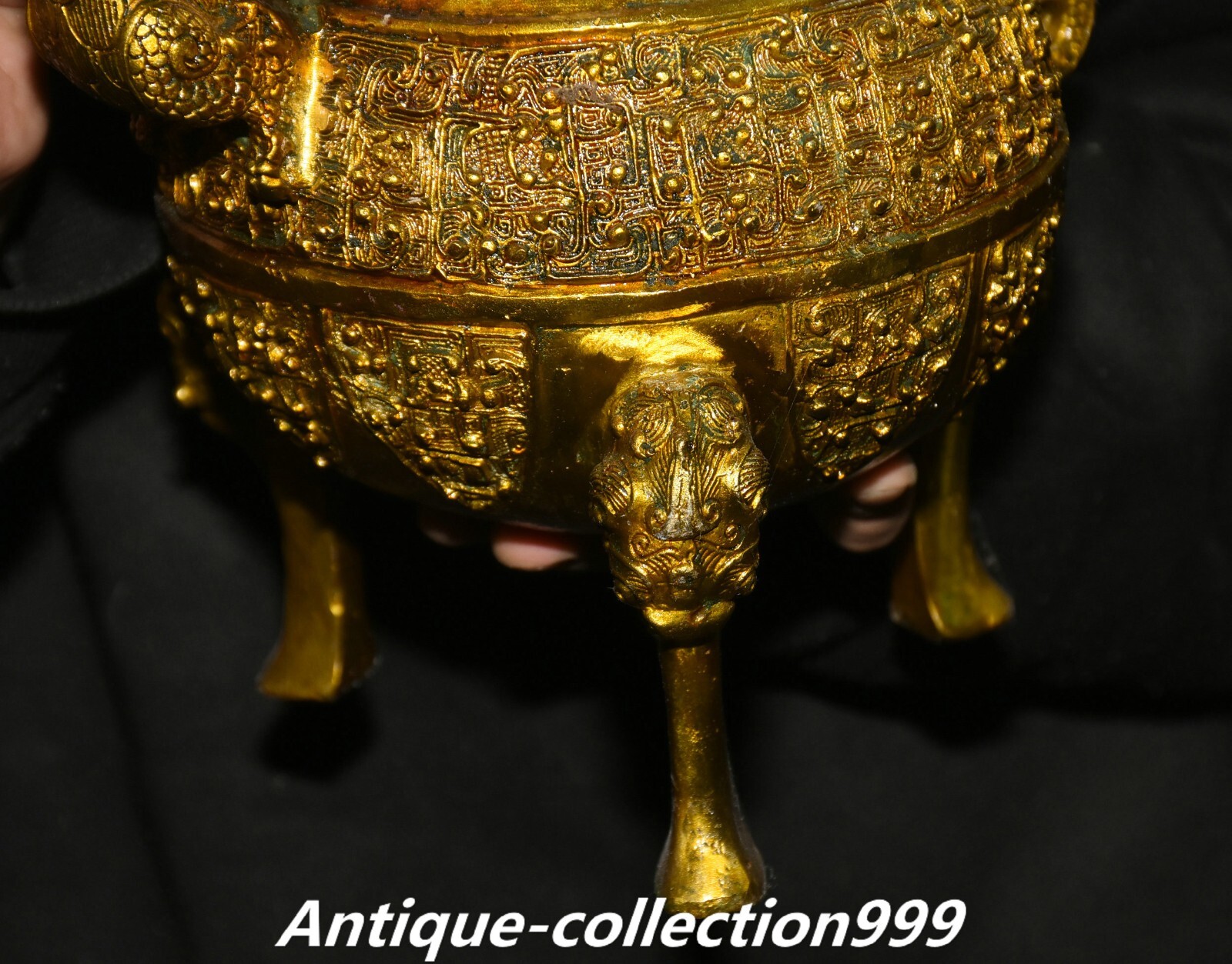 11″ China Dynasty Bronze Ware Gilt Inscription Dragon Beast Wine Tea Pot Flagon