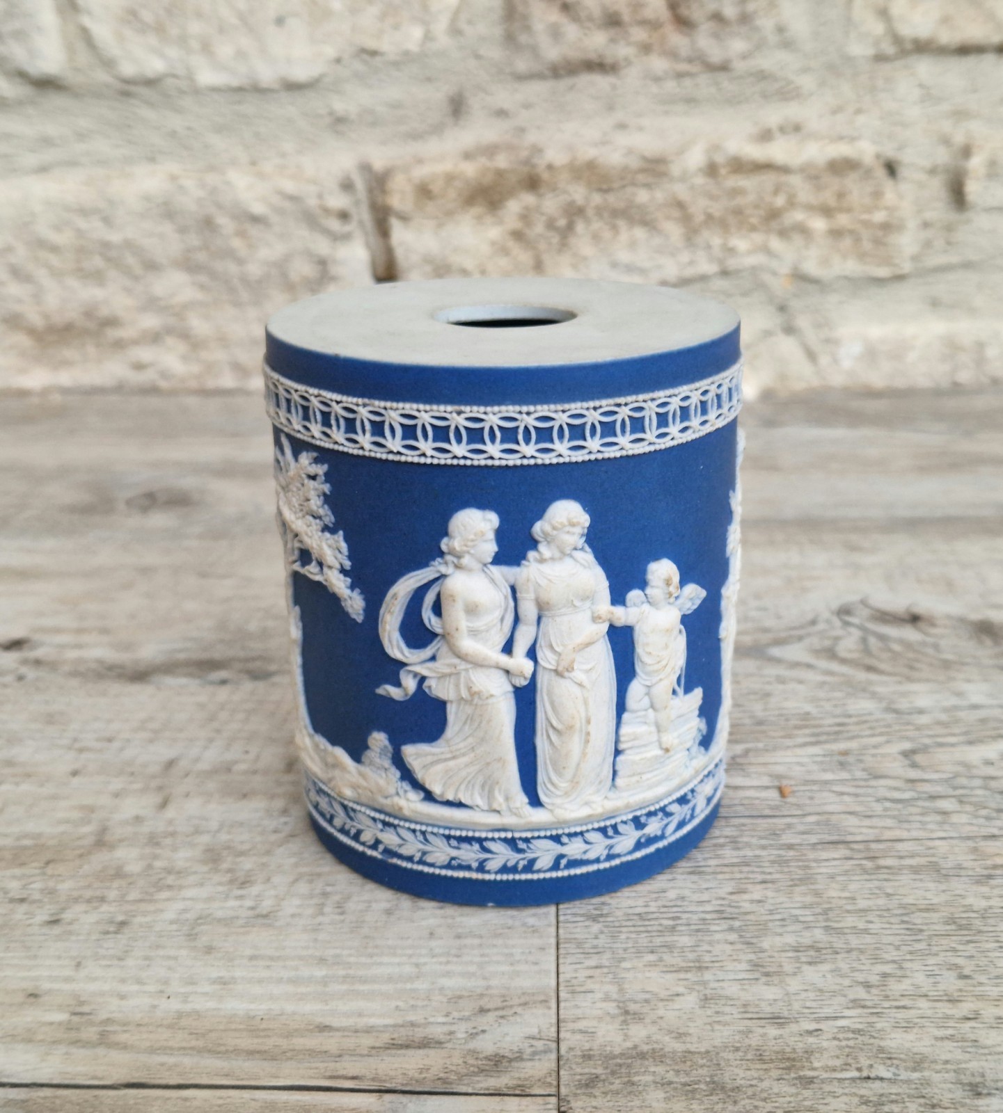 Antique 19th C. William Adams Jasperware Neoclassical Blue Sprigged Drum Base