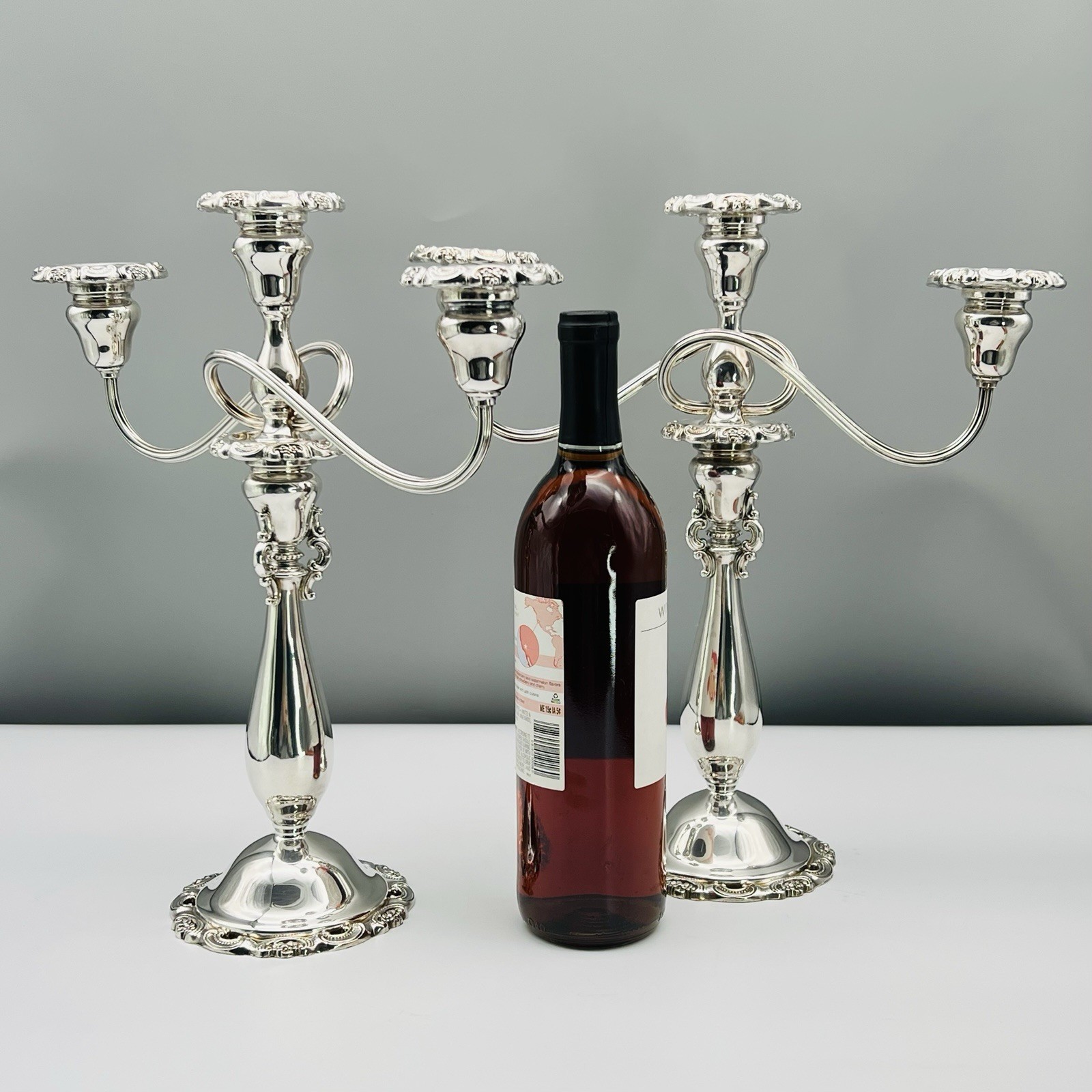 Set 2 BAROQUE 3-light Candelabra WALLACE SILVERPLATE 13″ 14″ CONVERTIBLE 5-lb Pr