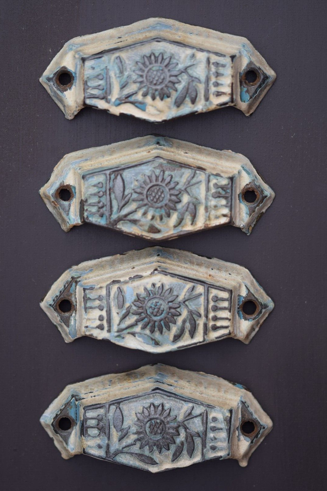 4 Victorian Chipped & Worn Sunflower Cast Iron Cup Handles old reclaimed vintage