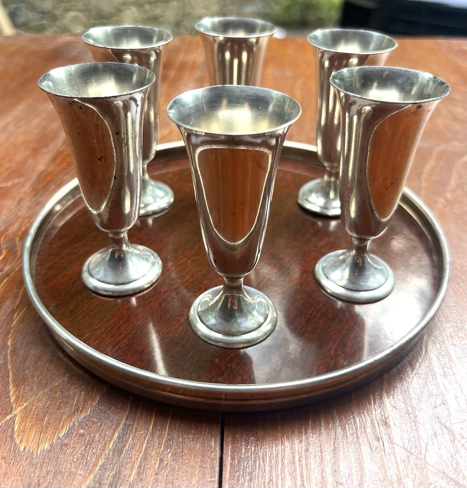 MCM Set of 6 Alvin Sterling Cordials Sterling Rimmed Teak Wood Tray