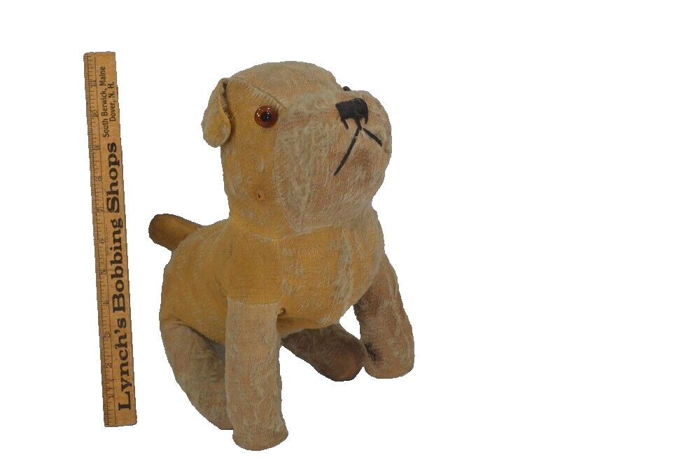 antique straw stuffed dog mohair glass eyes blond 13 in long 19th c original