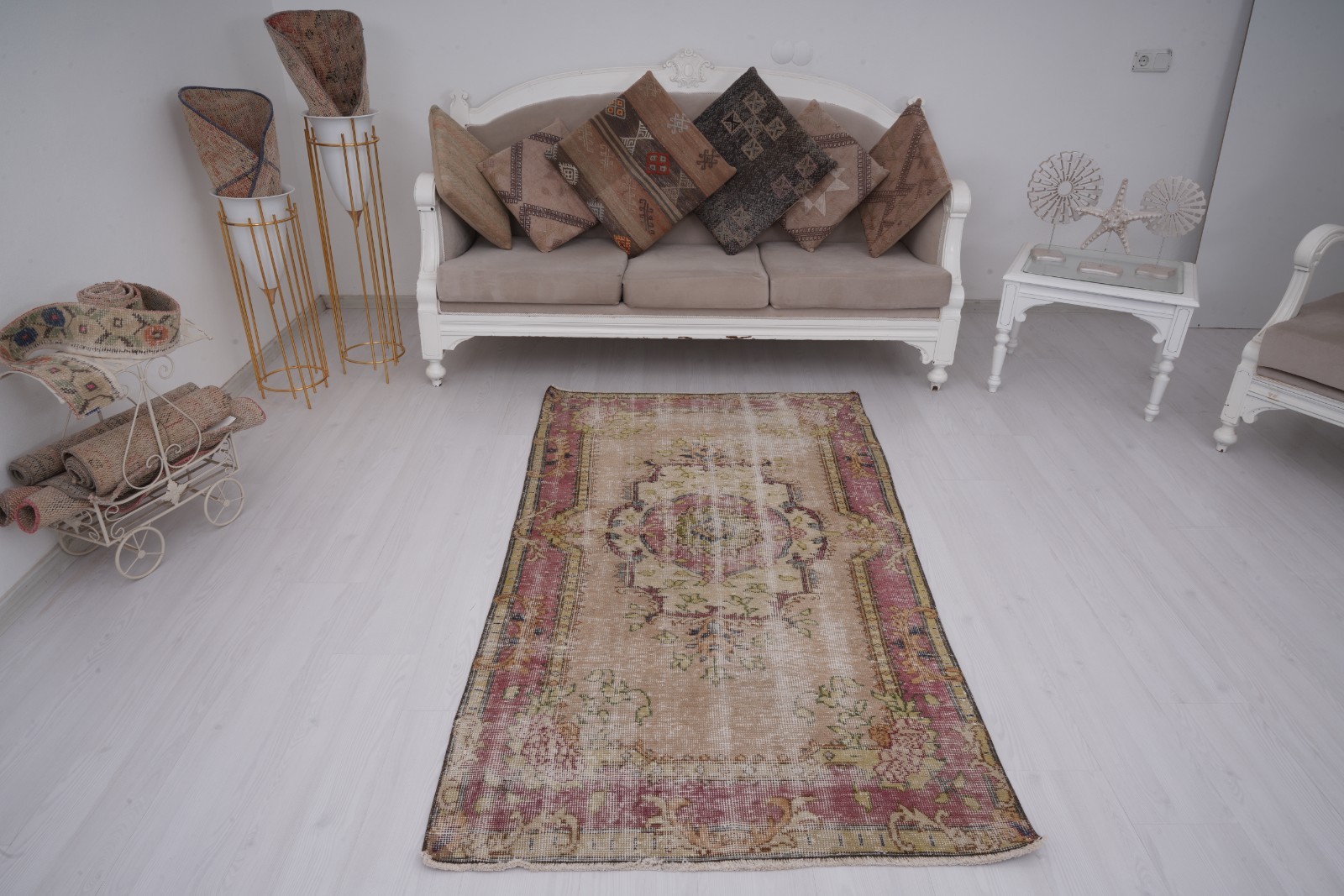 Handmade Turkish Area Rug 4×6 Oushak Vintage Small Neutral Wool Carpet 198