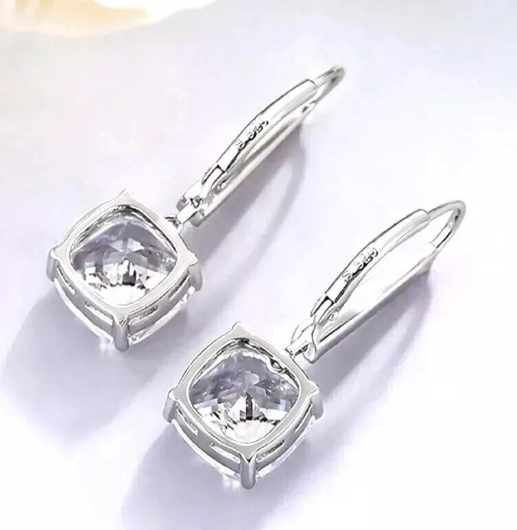 3Ct Cushion Cut Lab Created Diamond Pretty Drop Earrings 14K White Gold Plated