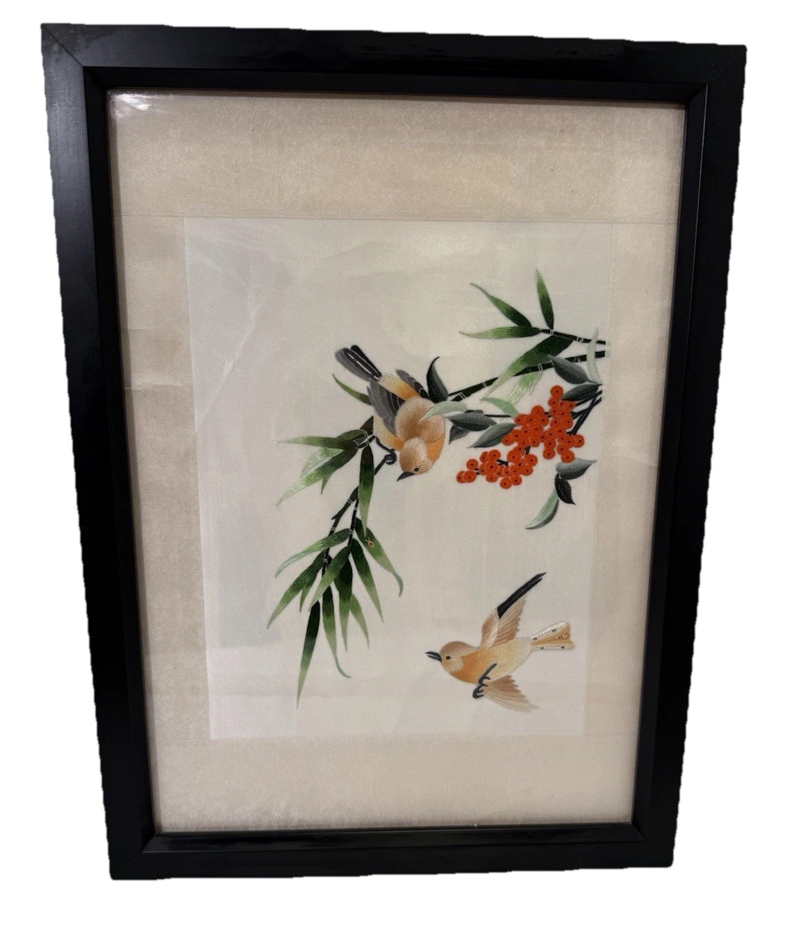 Vintage Chinese Silk Embroidery Birds And Vine With Frame.