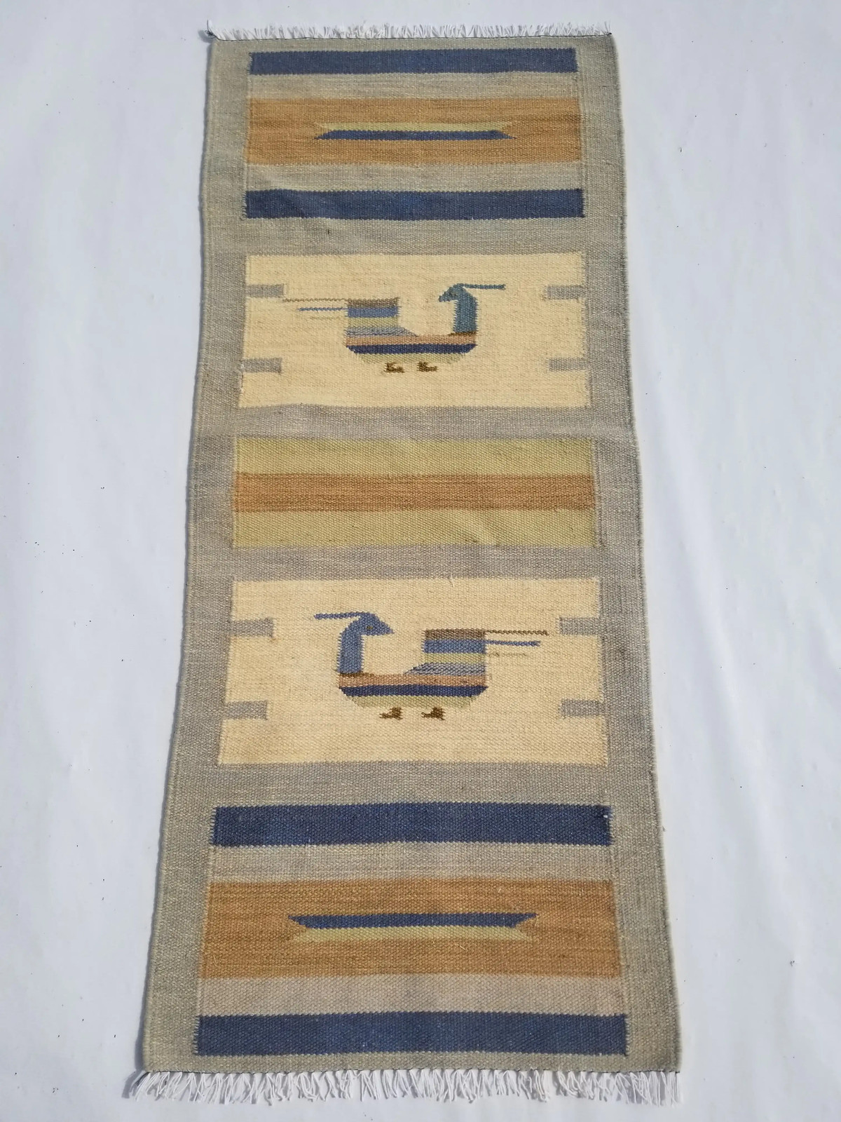 Vintage Handmade Traditional Geometric Beige Brown Kilim Rug Carpet 4.4×1.8ft