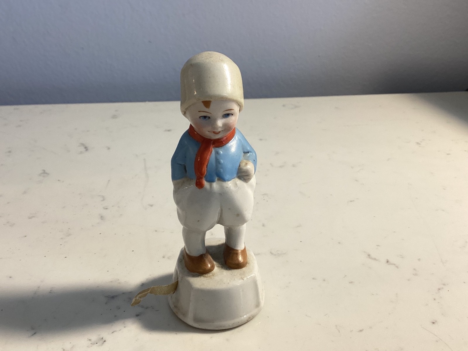 VERY RARE ANTIQUE GERMAN PORCELIAN FIGURAL LITTLE BOY TAPE MEASURE MUST SEE NR