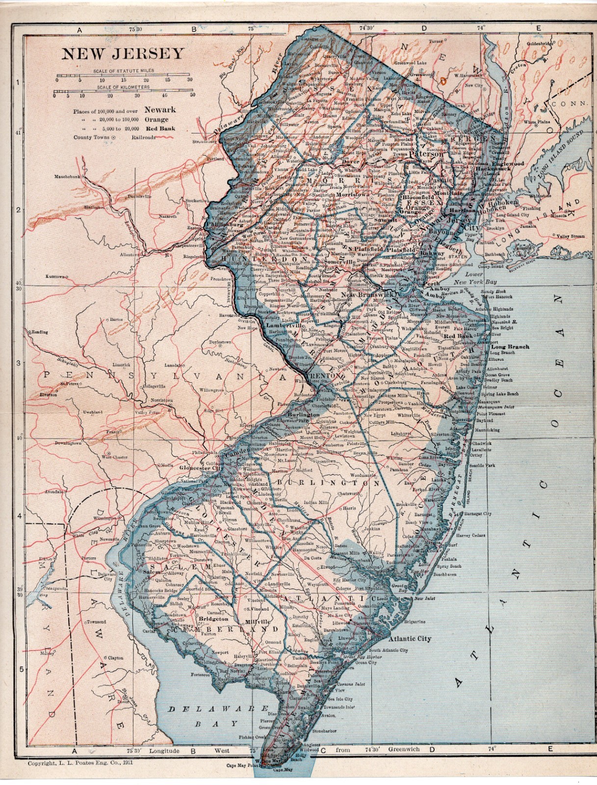 New Jersey Antique Map 1921 Newark Trenton Atlantic City Railroads Atlas Map