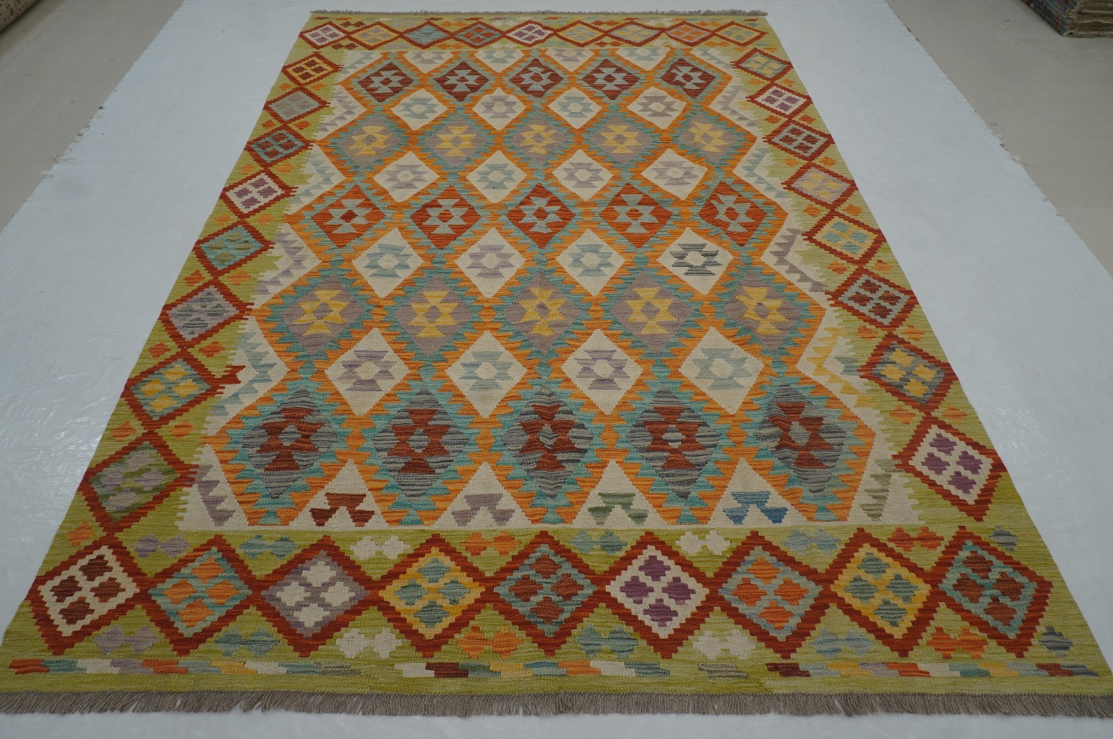 7×10 ft Beige Afghan Hand Woven Wool Reversible Kilim Rug 6’8″x9’6″