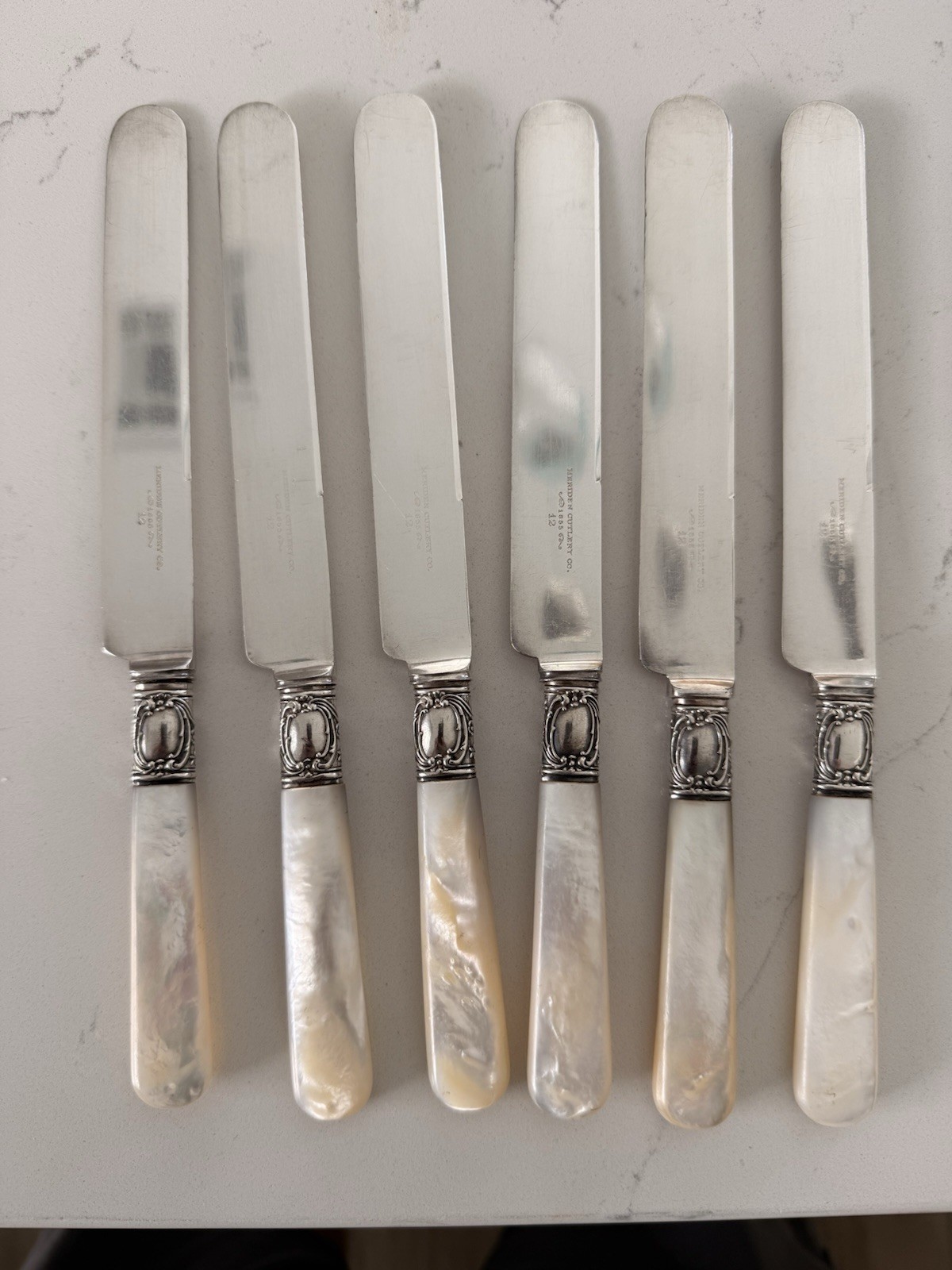 Lot of 6 Meriden Cutlery 1855 Sterling Silver Mother of Pearl Handle Knives!
