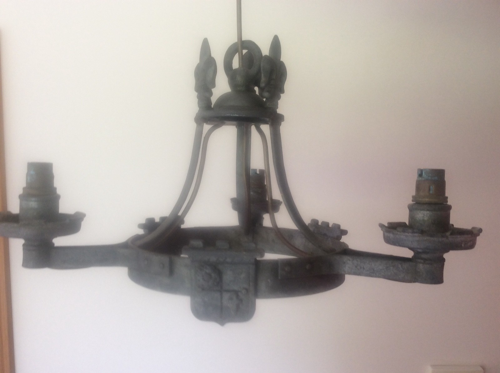 Gothic Chandelier Ceiling Light c19th Antique Pewter Arts & Crafts Fleurs De Lys