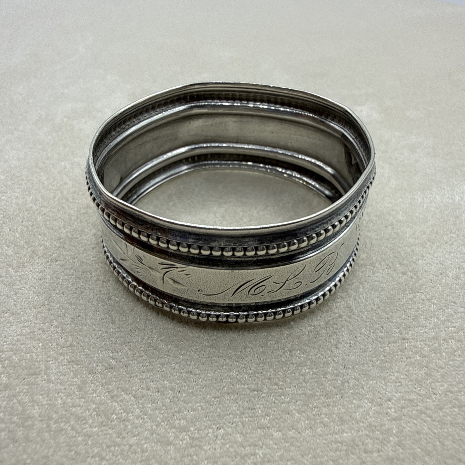 Antique Sterling Silver Napkin Ring Engraved M.L.B Collectible Beaded Edge