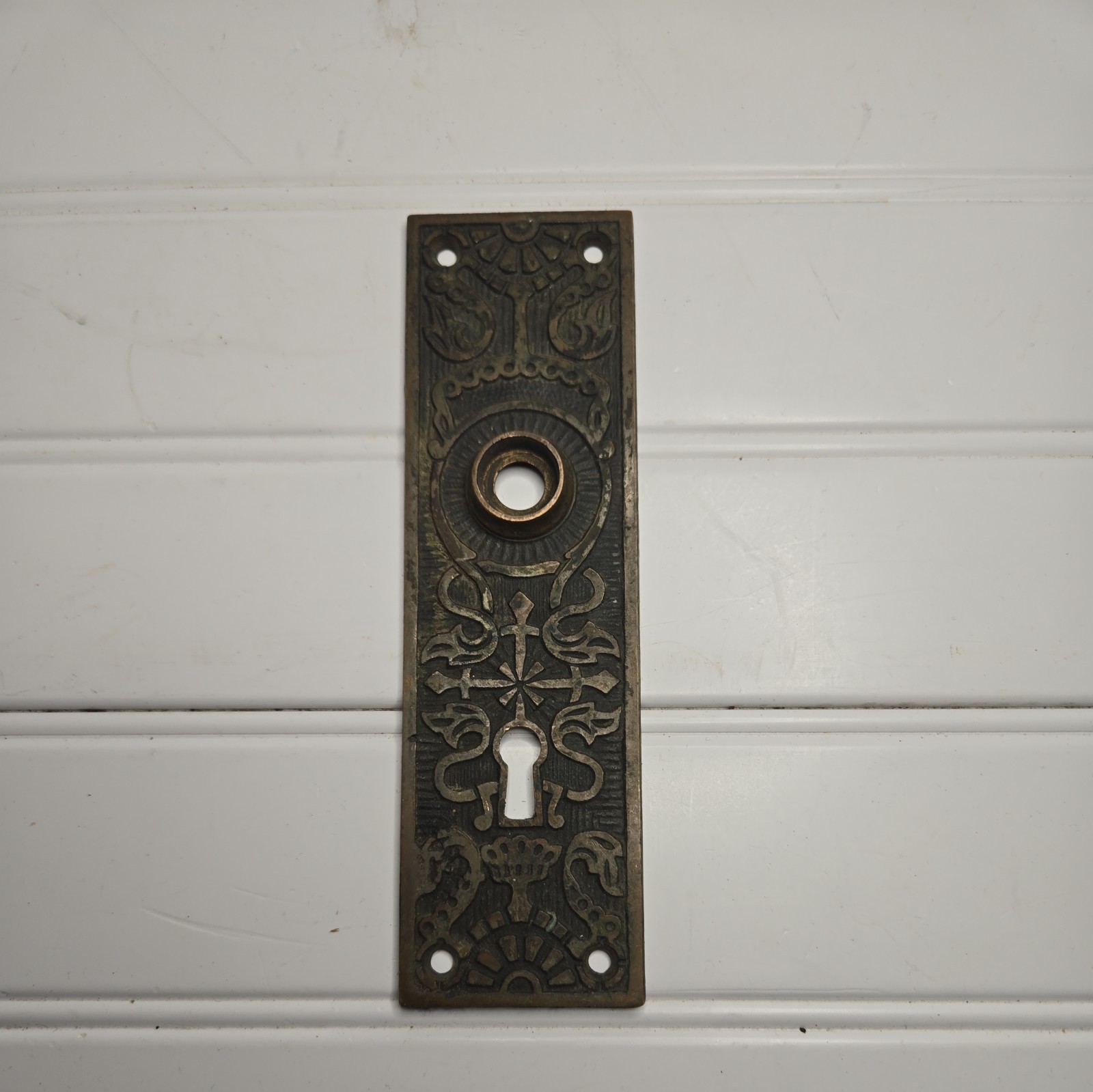 Victorian Antique Ornate Brass Plated Pressed Steel Door Plate With Key Hole