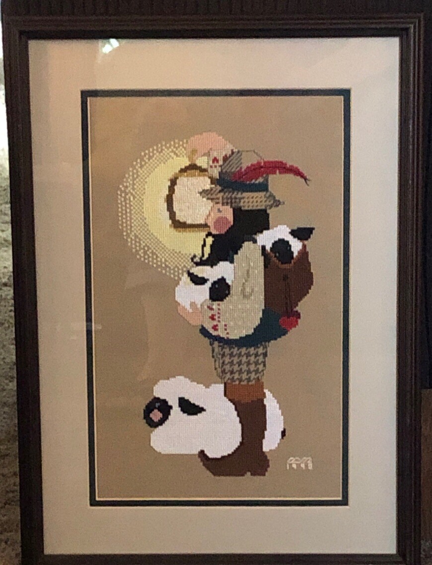 Needlepoint Picture Shepherd Lantern Lambs Sheep Professionally Framed Matted