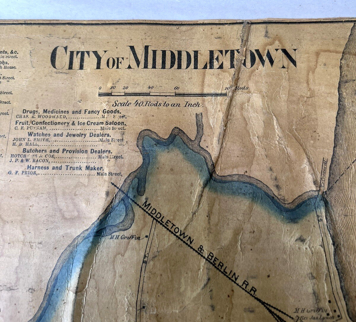 Antique City of Middletown Connecticut Wall Map Business Directory Cloth 17×15″