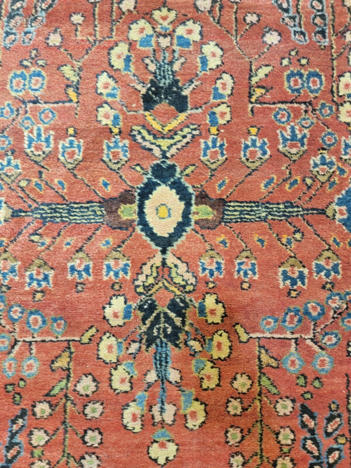 Antique Oriental Hand-Knotted Wool Runner Red/Ivory/Navy Blue/Blue 3’11” x 16’11