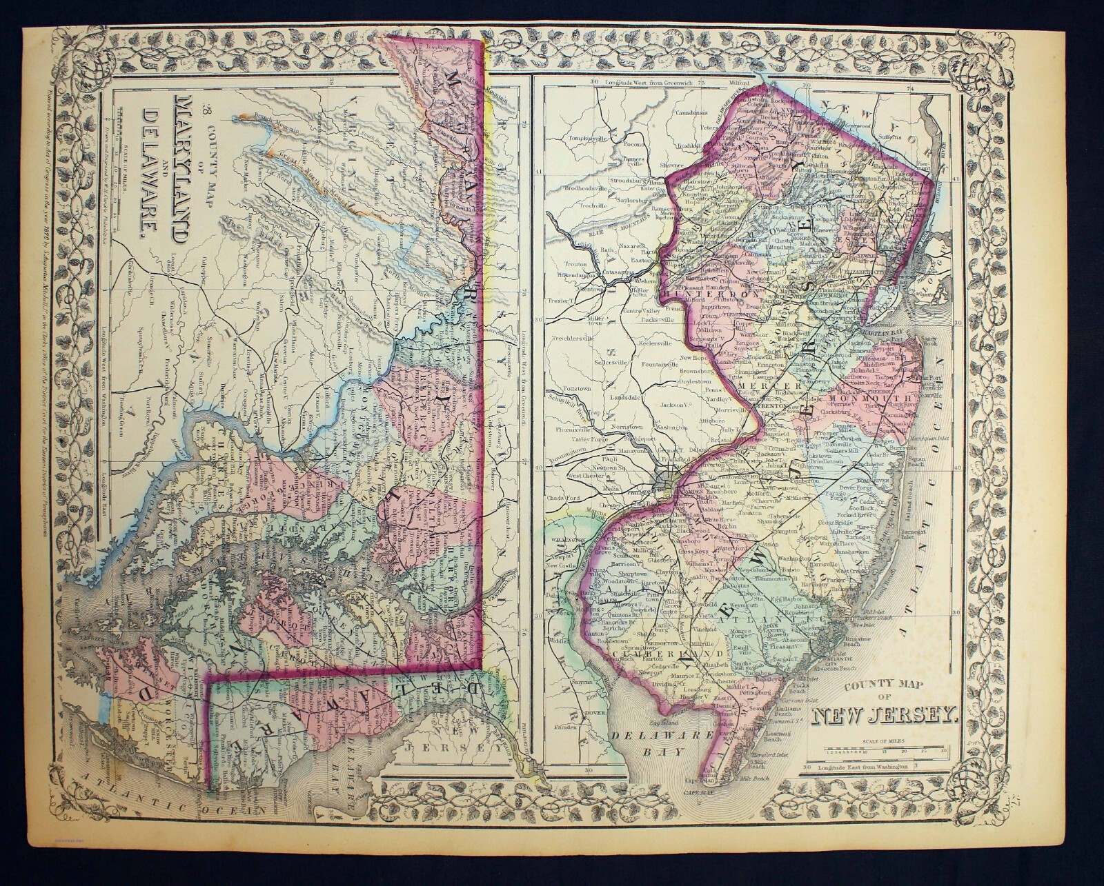 Antique 1870 Color Map New Jersey Maryland Delaware County Maps Mitchell